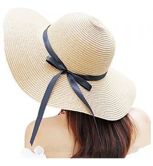 Itopfox Women's Big Brim Sun Hat Floppy Foldable Bowknot Straw Hat Summer Beach Hat