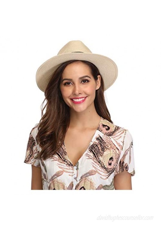 Lanzom Women Wide Brim Straw Panama Roll up Hat Fedora Beach Sun Hat UPF50+