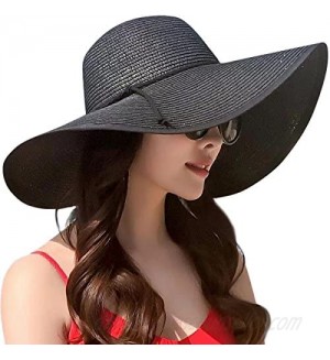 Lanzom Womens 5.5 Inches Big Bowknot Straw Hat Large Floppy Foldable Roll up Beach Cap Sun Hat UPF 50+