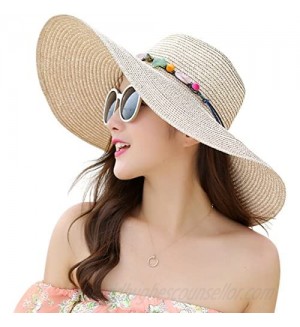Lanzom Womens Wide Brim Summer Straw Hat Floppy Foldable Roll up Cap Beach Sun Hats UPF 50+