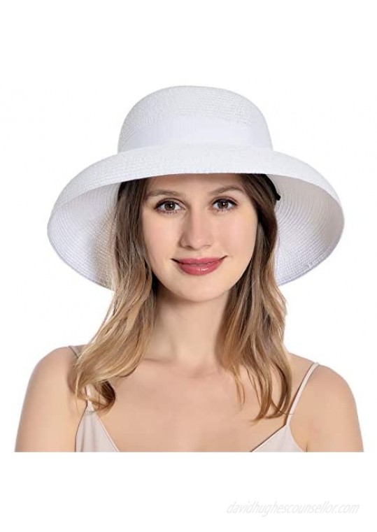 Muryobao Womens Sun Straw Hat Summer UV Protection Travel Foldable Brim Bucket Hat Vintage Cloche Beach Fishing Cap