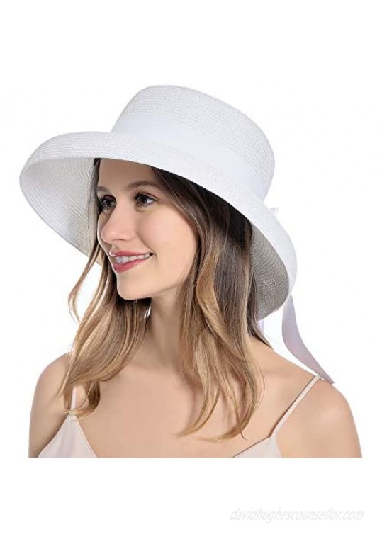 Muryobao Womens Sun Straw Hat Summer UV Protection Travel Foldable Brim Bucket Hat Vintage Cloche Beach Fishing Cap
