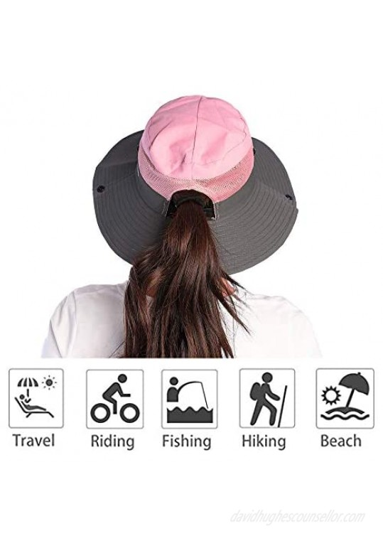 Ponytail Sun Hats for Women Wide Brim Summer Safari Beach Hat Outdoor UV Protection Bucket Fishing Hat