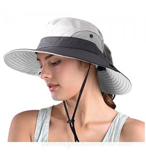 Ponytail Sun Hats for Women Wide Brim Summer Safari Beach Hat Outdoor UV Protection Bucket Fishing Hat