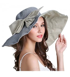 RIONA Women's UPF 50+ Foldable Floppy Reversible Wide Brim Sun Beach Hat with Bowknot
