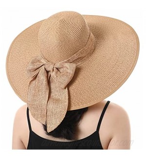 Roniky Beach Sun Hat for Women Bow-Knot UV UPF 50+Travel Foldable Wide Brim Straw Hat