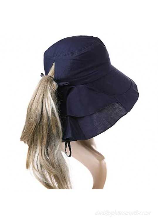 Siggi Summer Pony Tail Flap Cap UPF 50+ Cotton Sun Hat with Ponytail Hole Neck Cover Cord for Women 55-61cm