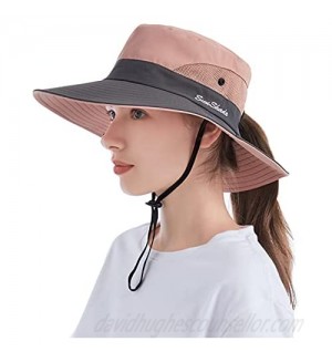 Tutuko Womens Wide Brim Sunhat Foldable Sun Protection Beach Ponytail Bucket Hats for Women Men
