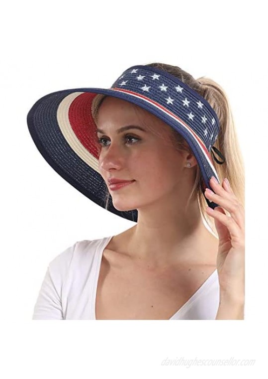 Women Sun Visors Foldable Straw Hats Summer Beach Packable Hat Floppy Wide Brim Cap Deep Style  Adjustable Size