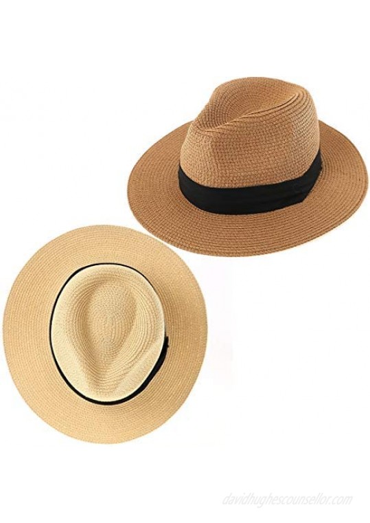 Womens Beach Hat 2 Packs Summer Straw Sun Hats UPF 50 Foldable Panama Wide Brim Hat for Women Roll Up