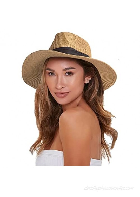 Womens Floppy Straw-Hat - Sun Protection Fedora Panama Hat Summer Beach (Hat Clrcumference 22.5"-22.8")