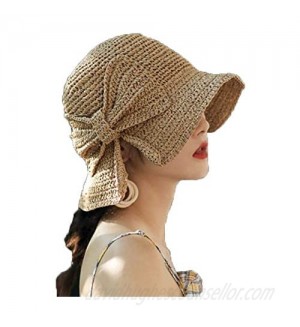 Womens Summer Sun Beach Straw Hat UPF50 Travel Foldable Wide Brim Summer UV Hat with Big Bow