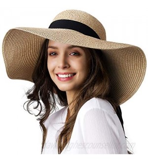 Womens Sun Straw Hat Wide Brim UPF 50 Summer Hat Foldable Roll up Floppy Beach Hats for Women