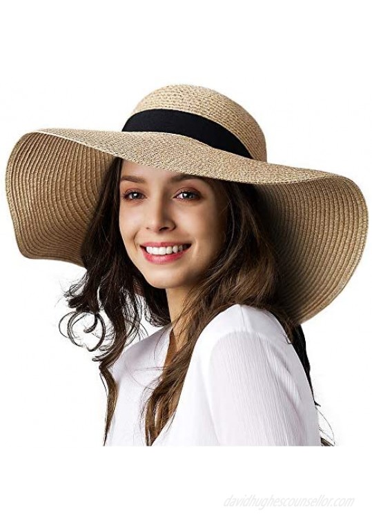 Womens Sun Straw Hat Wide Brim UPF 50 Summer Hat Foldable Roll up Floppy Beach Hats for Women