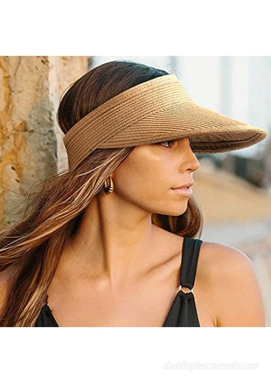 Womens Sun Visor Hat Packable Beach Sun Straw Roll Up Wide Brim Cap Foldable UPF 50+ Summer Hats