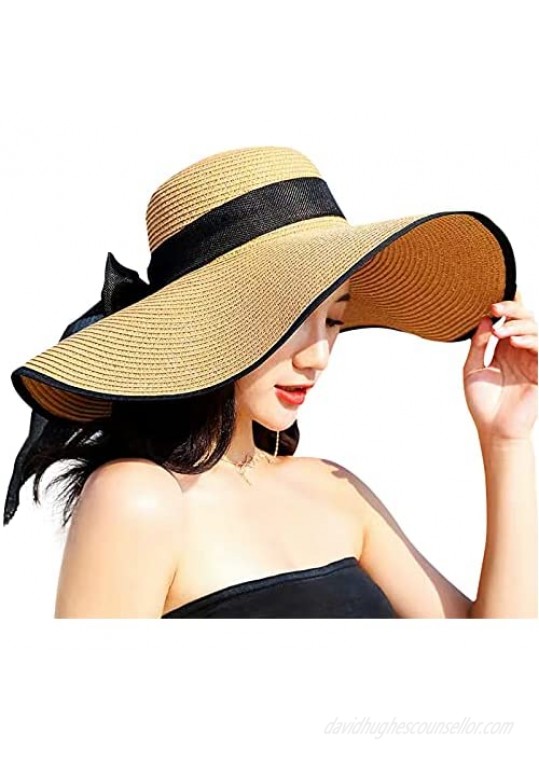 Women's Wide Brim hat Sun Protection Straw Hat Floppy Foldable roll up hat Summer UV Protection Beach Hats UPF 50+