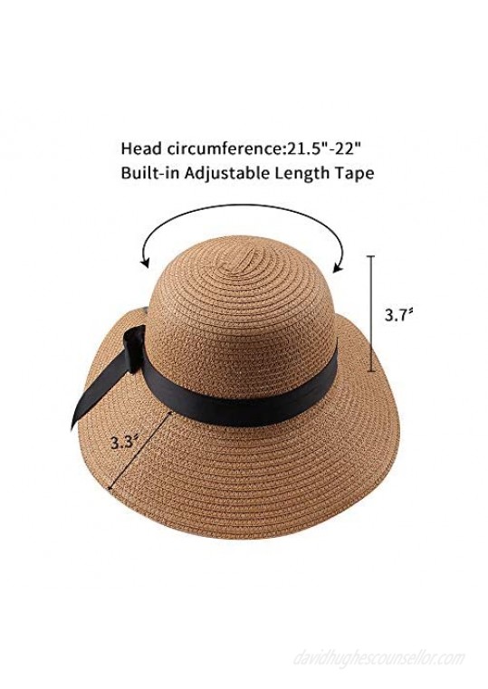 Zsedrut Women Little Girls Straw Sun Hat Summer Beach Cap Foldable Visor Floppy Hats Wide Brim with Bowknot Strap Adjustable