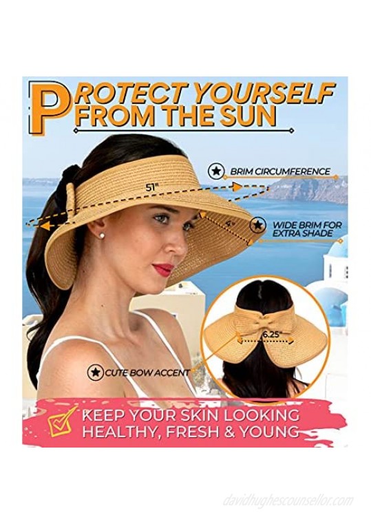 GearTOP Sun Visor Hat Topless Ponytail Straw Visors for Women - Foldable Roll Up Wide Brim Hats