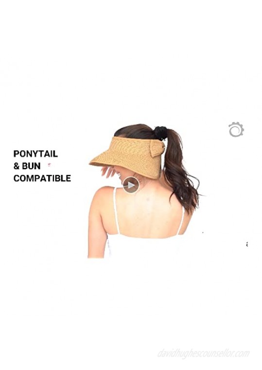 GearTOP Sun Visor Hat Topless Ponytail Straw Visors for Women - Foldable Roll Up Wide Brim Hats