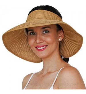 GearTOP Sun Visor Hat  Topless Ponytail Straw Visors for Women - Foldable Roll Up Wide Brim Hats