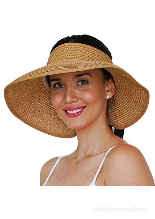 GearTOP Sun Visor Hat  Topless Ponytail Straw Visors for Women - Foldable Roll Up Wide Brim Hats