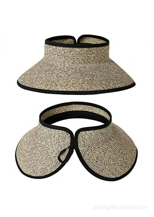 Lanzom Women Packable Hat Sun Visor Hats Wide Brim Straw Roll Up Ponytail Summer Beach Hat UPF 50