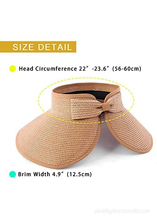 Women's Sun Hat UPF 50+ Protecetion Wide Summer Hat Brim Roll-up Straw Bow Sun Visor Hats Foldable Topless Beach Hat