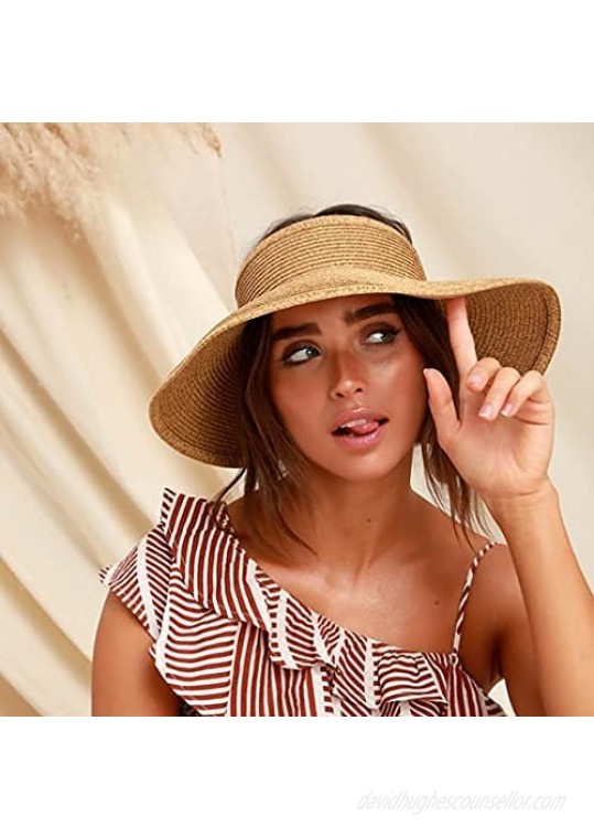 Women's Sun Hat UPF 50+ Protecetion Wide Summer Hat Brim Roll-up Straw Bow Sun Visor Hats Foldable Topless Beach Hat