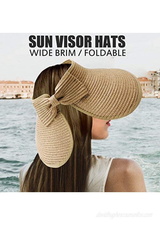 Women's Sun Visor Wide Brim Straw Hats(2 Pack) Foldable/Packable Summer UV Sun Protection Beach Hat - Adjustable