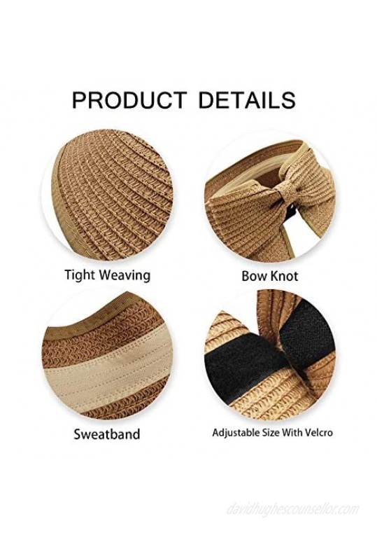 Women's Sun Visor Wide Brim Straw Hats(2 Pack) Foldable/Packable Summer UV Sun Protection Beach Hat - Adjustable