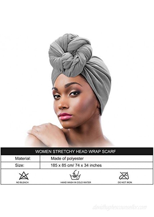 2 Pieces Stretch Head Wrap Scarf Stretchy Turban Long Hair Scarf Wrap Solid Color Soft Head Band Tie for Women (Black Grey)