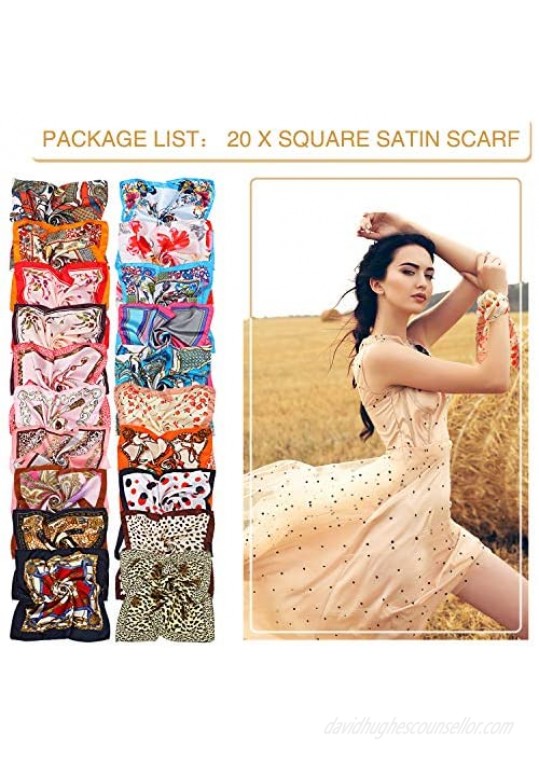 20 Pieces Women Satin Square Scarf Silk Feeling Hair Scarf Mixed Color Small Square Scarf Neck Head Scarf for Women Girls Favors Random Color