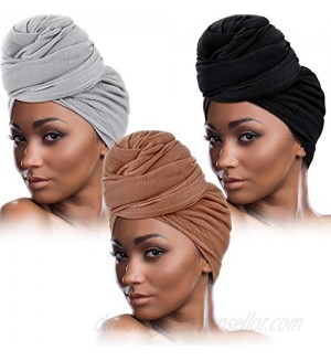 3 Pieces Women Stretch Head Wrap Scarf Stretchy Turban Long Hair Scarf Wrap Solid Color Soft Head Band Tie (Black  Gray  Brown)…