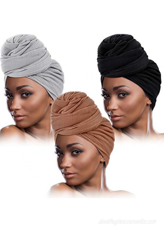 3 Pieces Women Stretch Head Wrap Scarf Stretchy Turban Long Hair Scarf Wrap Solid Color Soft Head Band Tie (Black Gray Brown)…