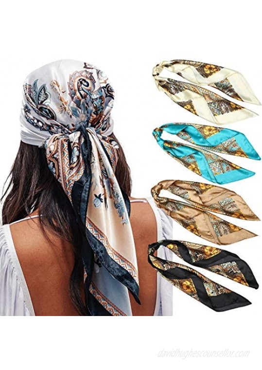 35” Satin Large Square Head Scarves - 4PCS Silk Like Neck Scarf Hair Sleeping Wraps Lightweight Satin Silk Scarfs for Women