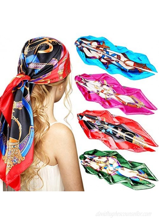 4 Pieces 35 Inch Satin Head Scarves Large Square Head Scarf Boho Hair Bandanas for Women