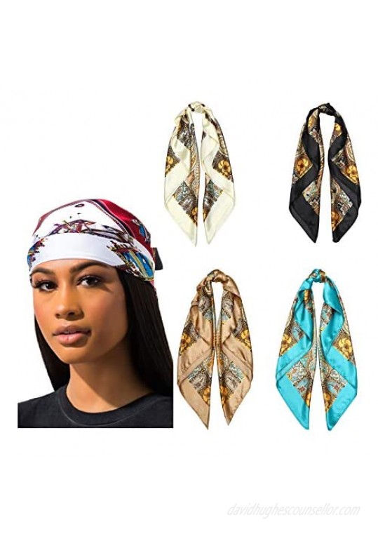 4Pcs Silk Satin Square Headscarf - 35 Inches Large Hair Bandana Head Kerchief Fashion Pattern Hair Scarves for Women