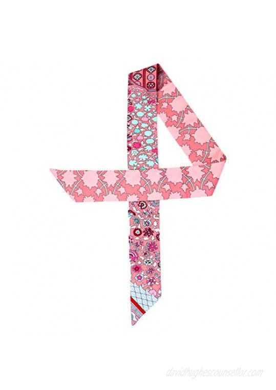 IMLECK Skinny Scarf Simple Floral Print Necktie Handbag Handle Wrap Silk Ribbon for Women
