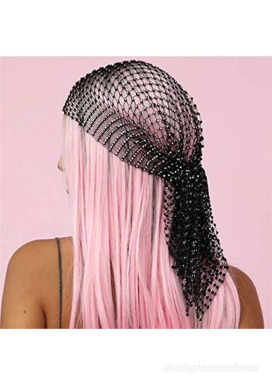 Rhinestone Headwear Turbans Mesh Crystal Long Hair Head Scarf Headwraps Rave Scarves Head Wrap for Women and Girls
