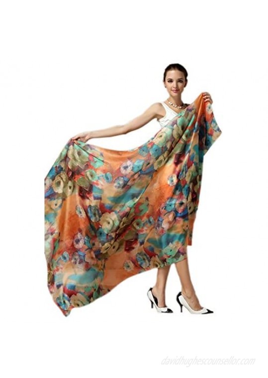 Women Fashion Silk Scarf Oblong Floral Oversize Soft Shawl Beach Wrap