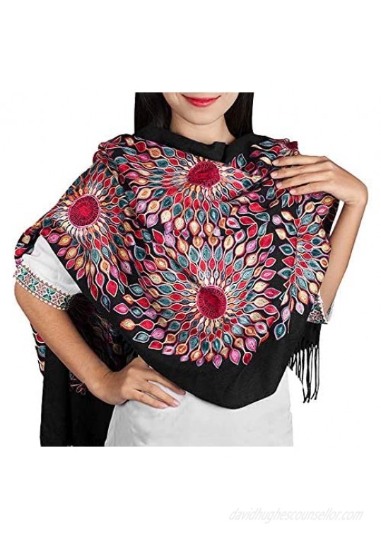 Women's Embroidered Oversize Tassel Shawl Scarf