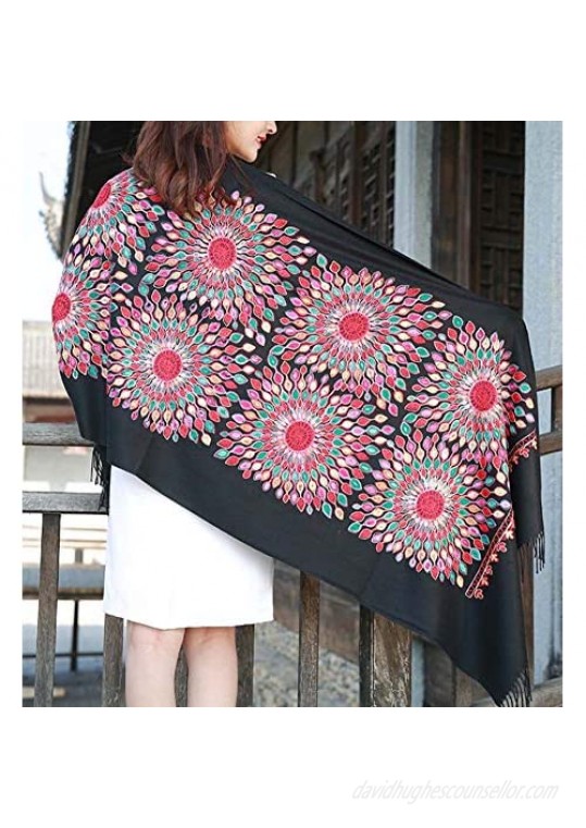 Women's Embroidered Oversize Tassel Shawl Scarf