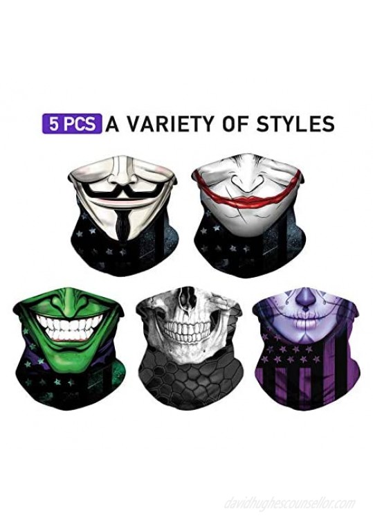 [5 Pack] Neck Gaiter Face Mask Bandanas UV Protection Windproof Face Cover for Motorcycle Cycling Riding Running Headbands