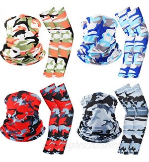 8 Pieces Summer Face Cover UV Protection Neck Gaiter Scarf Bandanas and Ice Silk Cooling Arm Sleeves Unisex for Women Men Outdoor Sports  4 Styles