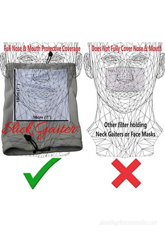Slick Gaiter Face Mask 3-Ply Filter Pocket Neck Gaiter+2 Washable Reusable Air Filters & Flexible Nose Bridge Wire Adjustable Bungee Straps 4-Layer Protection Dust Mask UV-Blocking Cooling Bandana