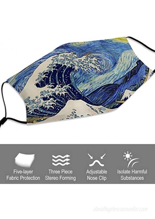 Starry Night and Japanese The Great Wave Painting Artistic Blue Unisex Washable and Reusable Cotton Warm Face Protection for Outdoor