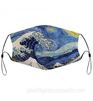 Starry Night and Japanese The Great Wave Painting Artistic Blue Unisex Washable and Reusable Cotton Warm Face Protection for Outdoor