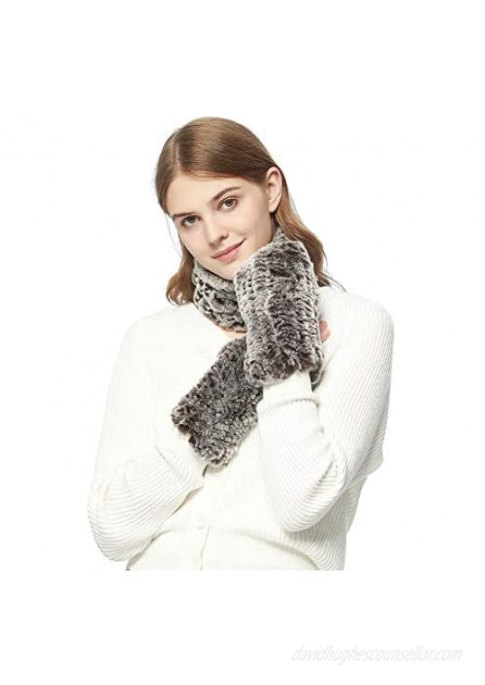 Fur Story Women Winter Knitted Rex Rabbit Neck Warmer Infinity loop Scarf Short Wrist Cuff Warmers(Silver Brown Set)