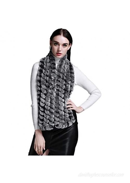 Fur Story Women's Rex Rabbit Fur Winter Scarf Knitted Chunky Fashion Ladies Scarves Silver Black Brown