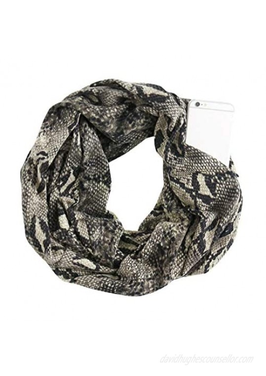 GERINLY Leopard Pocket Scarf for Women Warm Travel Zip Infinity Scarf for Winter